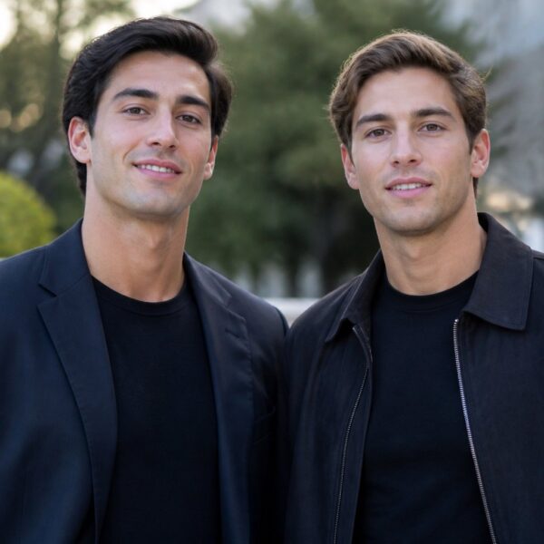 Dois homens jovens parecidos com os filhos de Sylvester Stallone, em pé lado a lado ao ar livre, com roupas casuais e fundo desfocado com árvores e elementos urbanos.
