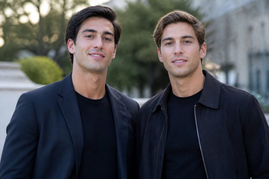 Dois homens jovens parecidos com os filhos de Sylvester Stallone, em pé lado a lado ao ar livre, com roupas casuais e fundo desfocado com árvores e elementos urbanos.