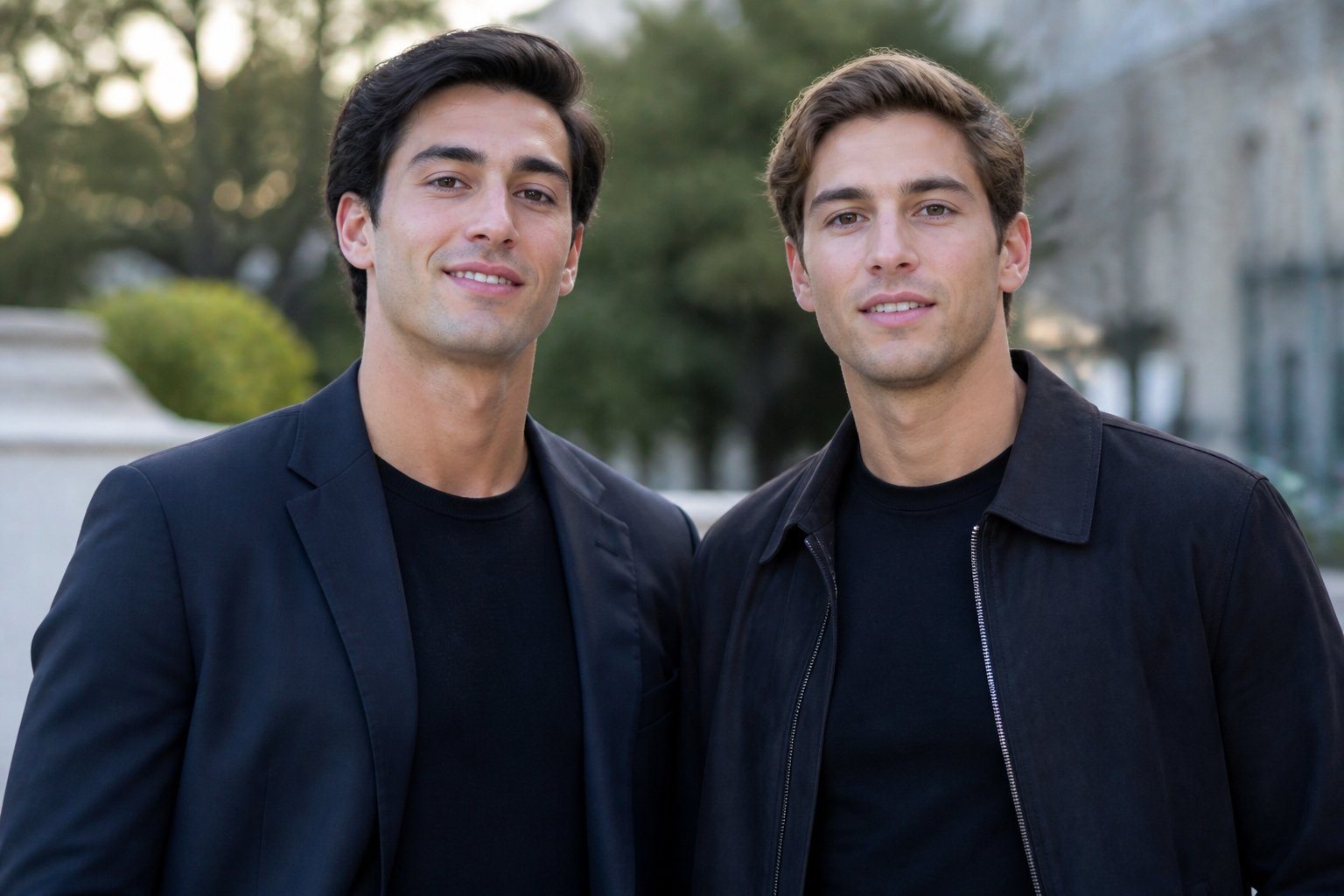 Dois homens jovens parecidos com os filhos de Sylvester Stallone, em pé lado a lado ao ar livre, com roupas casuais e fundo desfocado com árvores e elementos urbanos.