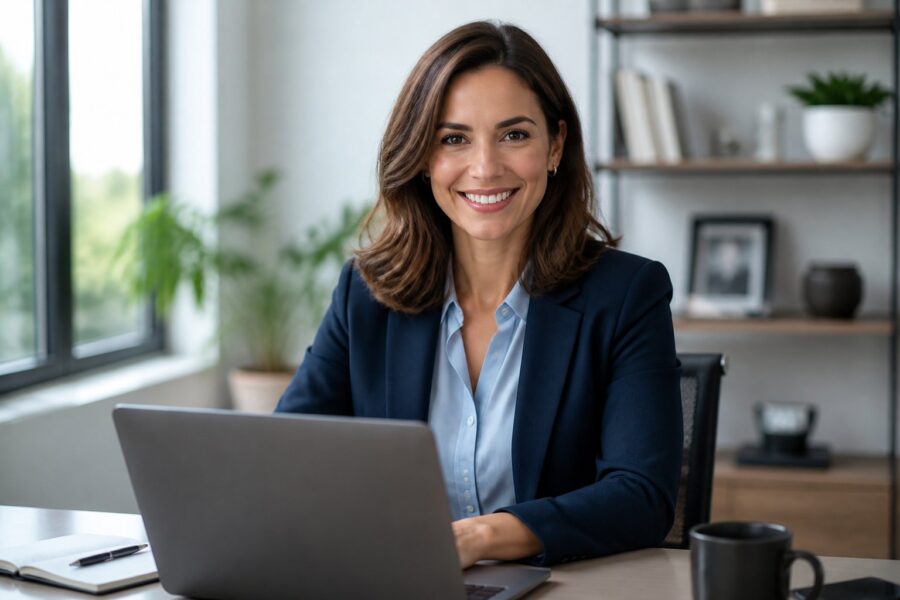 Mulher sentada em uma mesa de escritório moderna, sorrindo e olhando para a frente, com laptop aberto e ambiente de trabalho ao fundo.