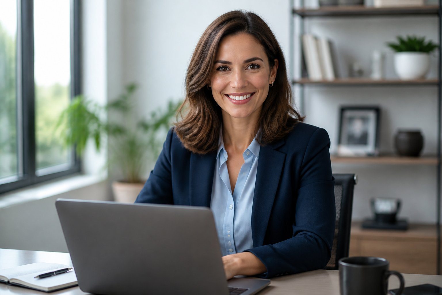 Mulher sentada em uma mesa de escritório moderna, sorrindo e olhando para a frente, com laptop aberto e ambiente de trabalho ao fundo.