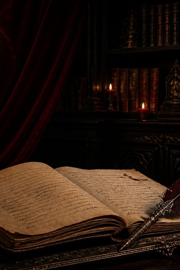 Uma biblioteca gótica com estantes de madeira escura, velas acesas em um candelabro antigo e uma pena sobre um pergaminho aberto.