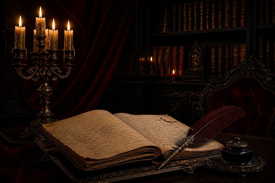 Uma biblioteca gótica com estantes de madeira escura, velas acesas em um candelabro antigo e uma pena sobre um pergaminho aberto.